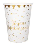 10 Gobelets "Joyeux anniversaire" blancs et or