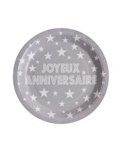 10 assiettes Joyeux Anniversaire - gris